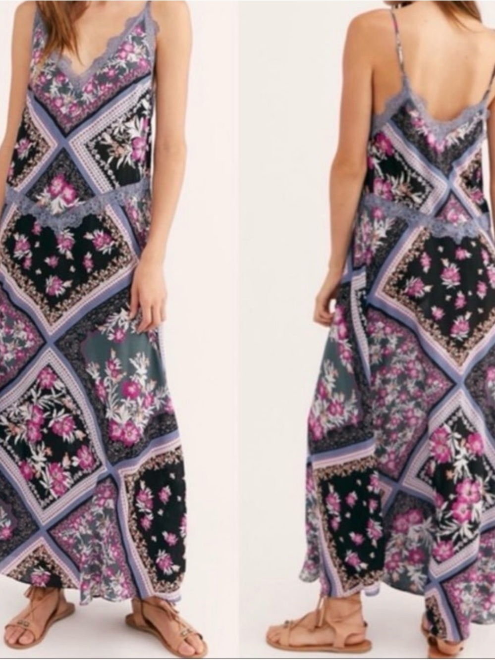 Free People Black Floral Patchwork Maxi Dress with Purple Lace Trim